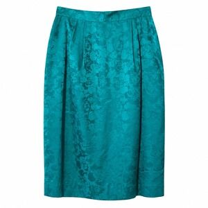 VTG Papell Too 100% Silk Floral Jacquard Midi Pencil Skirt 12 Teal Green